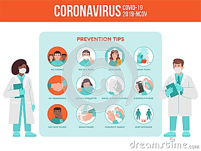 Coronavirus Covid-19 preventions tips Vector Illustration